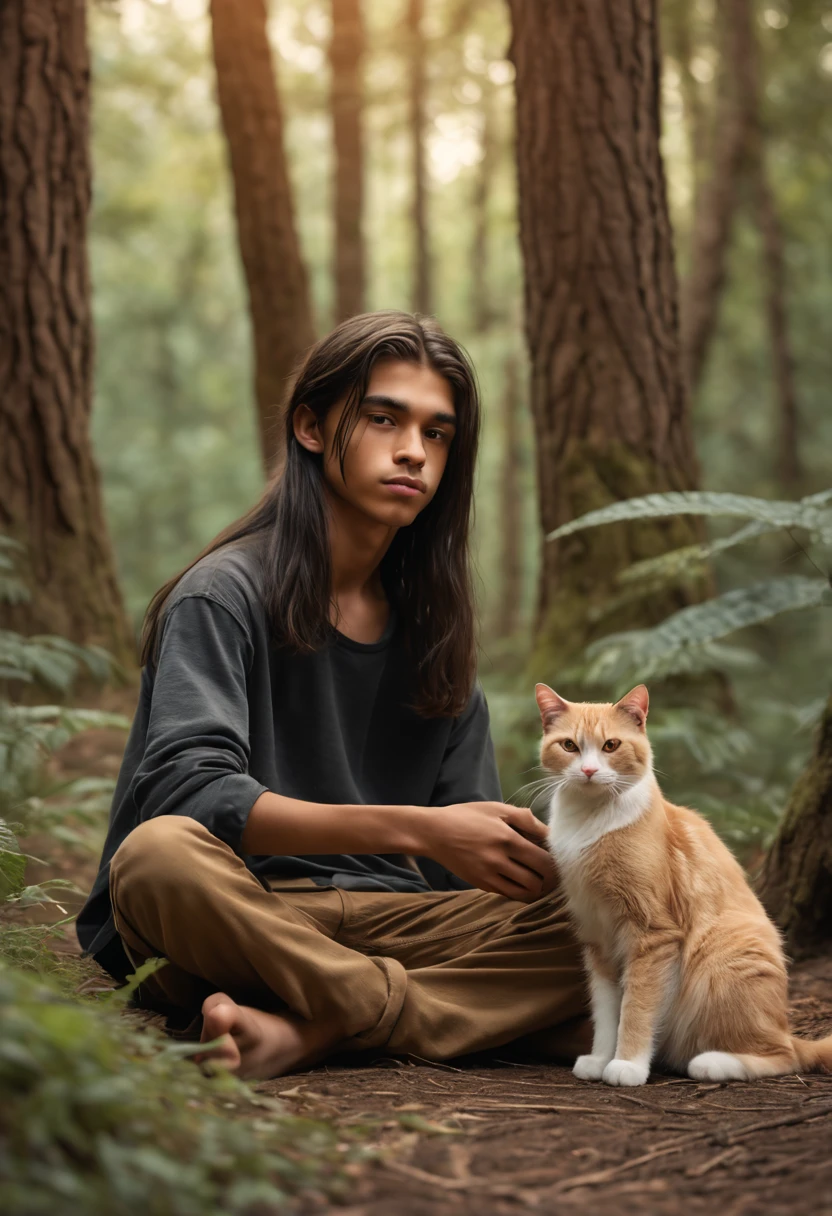 close-up view: very slim young boy, 15 y.o, thin face, morrocan, light brown skin color, black straight long hair, long hair, straight hair, barefoot, sits alone in the forest, holding a cat in his hands, warm tones, soft colors, realistic, cinematic, ultra quality