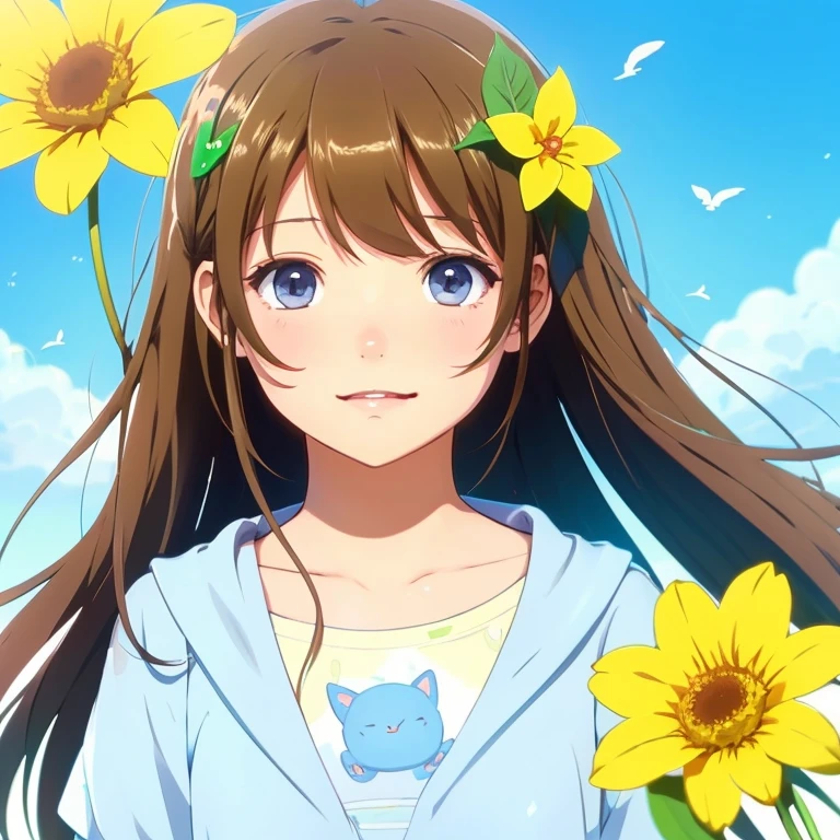anime illustration、5歳のcute子どもが1人でいる、calm hair co have an orange flower、cute、warm、like、light blue sky、green、yellow、