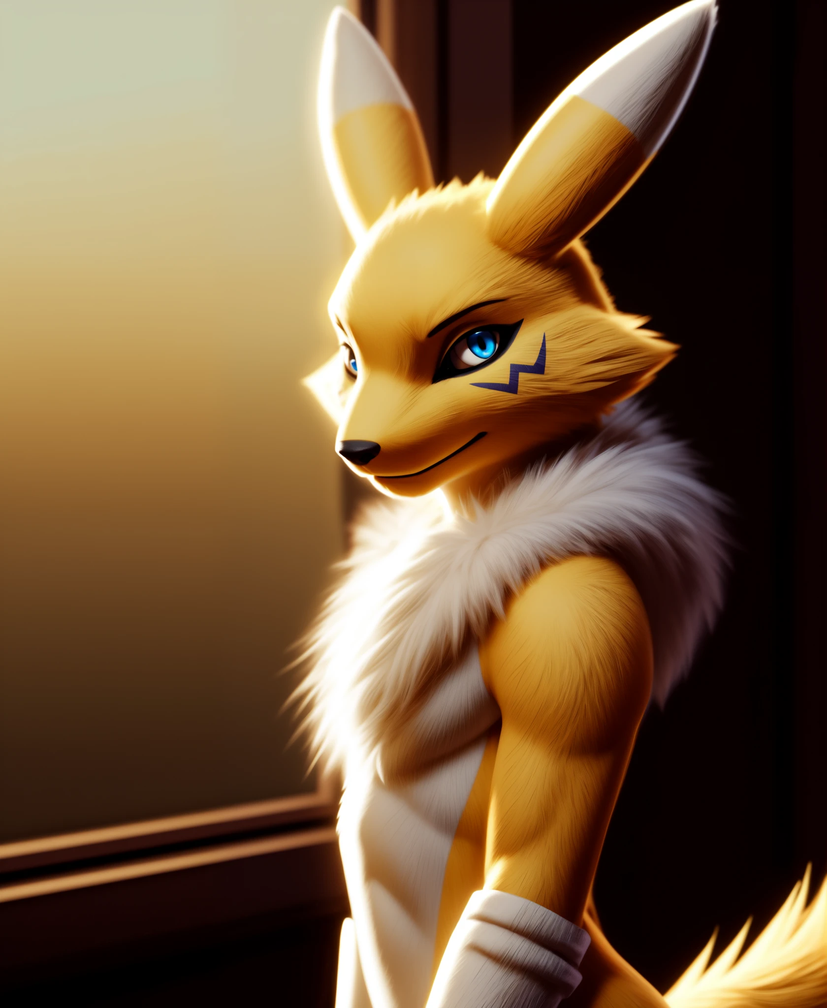 real e621, photorealistic, masterpiece, renamon_(digimon), looking at viewer, sharp blue eyes, full body portrait, purple sleeves,