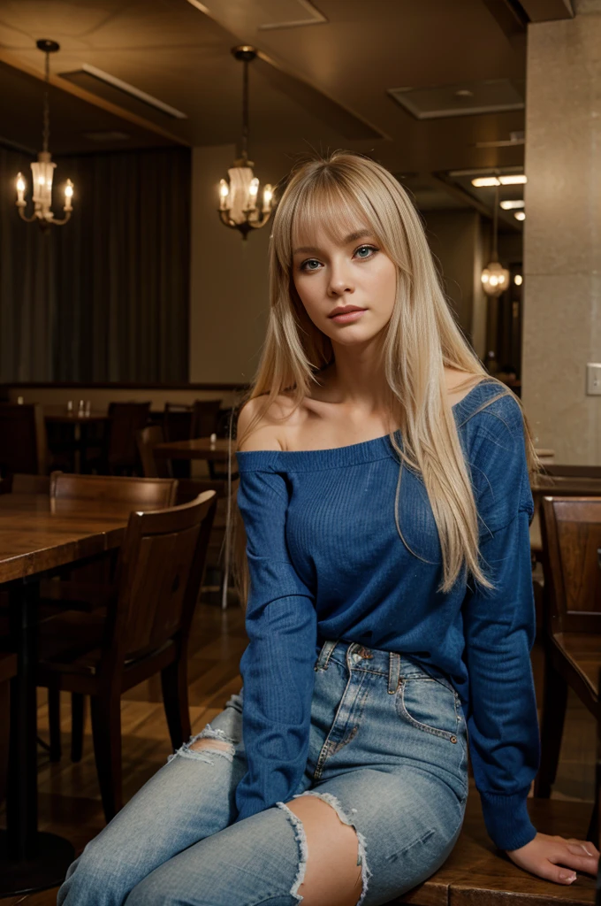 unparalleled beauty, shiny shiny firm and shiny skin, bangs between eyes, shiny straight beautiful platinum blonde, super long straight silky hair, eyeliner, sexy beautiful 22 years old, high definition, big beautiful bright blue eyes, beautiful and lovely girl, wearing a long-sleeve sweater and jeans, clothing has detailed texture, sitting in a casual restaurant