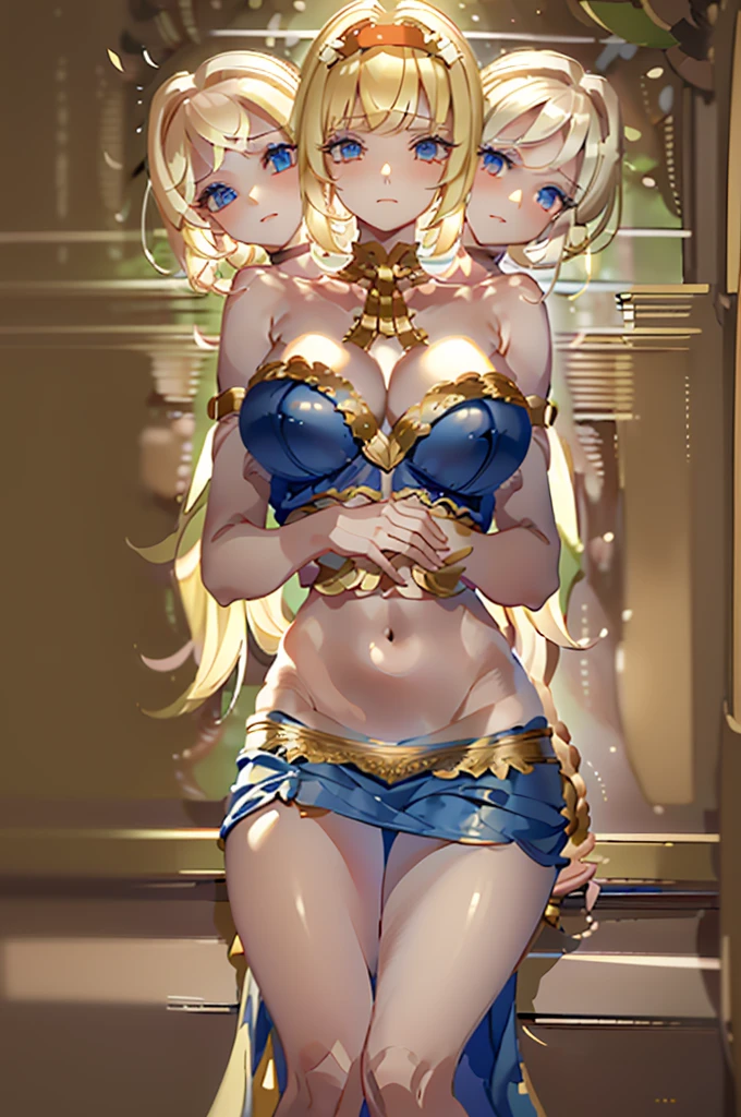 (masterpiece, best quality), best quality, (ultra-detailed), (3heads:1.5), 1girl, (alice margatroid :1.3), masterpiece, best quality, blue top, crop top, ((stomach)), midriff, ((groin)), blue skirt, normal ears, shackles, blonde hair, very long hair, wavy hair, sidelocks, blue eyes, parted lips, single horn, sweat, cute, toned belly, hand on own chest, eyelashes, (24 year old woman:1.3), (masterpiece:1.5), (best quality:1.5), (beautiful detailed), extremely detailed CG, extremely delicate and beautiful, depth of field, (finely detailed face), (perfect details:1.2), (mature female:1.3), wide pelvis, slender, large veiny breast, 8k resolution, high quality, high definition, extremely detailed, masterpiece, blonde hair, long hair, alluring presence, braid, short skirt, close up, big tits, young, frilled hairband,