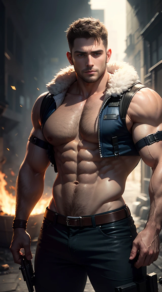 chris redfield,resident Evil, Show off your muscles, body hair , sexy body, fur bottom，Rough and real skin，Sharp eyes，blue eyes，8K HD resolution，Realism 1.4，background flames