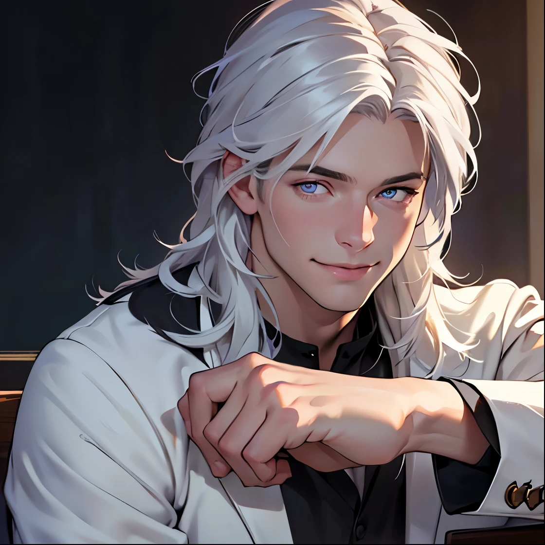 (realistic:1.37,best quality,4k,8k,highres,masterpiece:1.2),ultra-detailed,jovem,masculine Caucasian,deep purple eyes,gentle smile,simple clothing,school atmosphere,medium hair,white hair,slight smile.