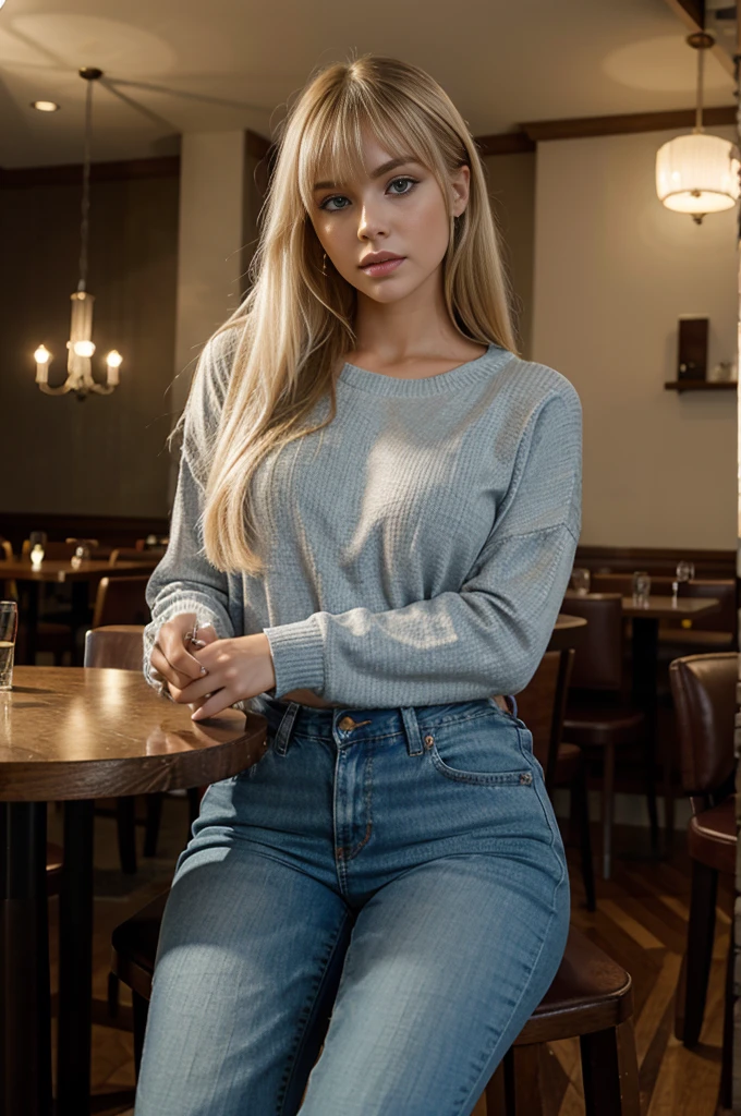 unparalleled beauty, shiny shiny firm and shiny skin, bangs between eyes, shiny straight beautiful platinum blonde, super long straight silky hair, eyeliner, sexy beautiful 22 years old, high definition, big beautiful bright blue eyes, beautiful and lovely girl, wearing a long-sleeve sweater and jeans, clothing has detailed texture, sitting in a casual restaurant