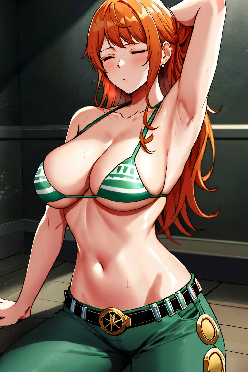 Ship deck detailed background, 상stomach 뷰 샷, masterpiece, 4K, epic, best quality, 늦은 request소년, adult, milf, athlete's body, 1 woman, ((wide dehisce, On the deck, Stunned, lying down completely, Lying on her back, Fall down, closed eyes, (both hands on the floor, Hand down, straight elbows, stomach로 향, turn your head to the left))) , alone, Us \(One Piece\), 1 woman, bangle, (Very wet, Drenched in sweat, sweating all over, Very Missy Hair, tired, dehisce, exhausted, Sweaty face, sweaty body, contusion, injury, feeling hot, sweating too much, Glittering sweat, Serious, ache, glaring, closed eyes, looking for, Perfect, detailed face, Round face, Sweat on Face) Draw bold lines, muscular arms, Detailed and thick arm lines, Flat chin, adult woman, wavy wide striped bangs, floating bangs, (Big cheeks), bare shoulders, off shoulder, belt, bikini, bikini top only, bracelet, Elastic breasts, Breast line, Big round eyes, very large brown shiny eyes, foam, 높은 눈 stomach치, split, afternoon, request, earring, floating hair, shiny hair, green belt, green bikini, Thick groin line, requestpants, bijouterie, ((medium chest)), Log Pose, long hair, looking at viewer, long belly button, wet hair, Orange hair, pants, shoulder Tattoo, side lock, sky, alone, stomach, swimsuit, Tattoo, detailed arm, large forehead, hourglass shape, small head, A toned body, Broad head, wind effect, The Sun Effect, Under the sun, Narrow small ear angle, Previous