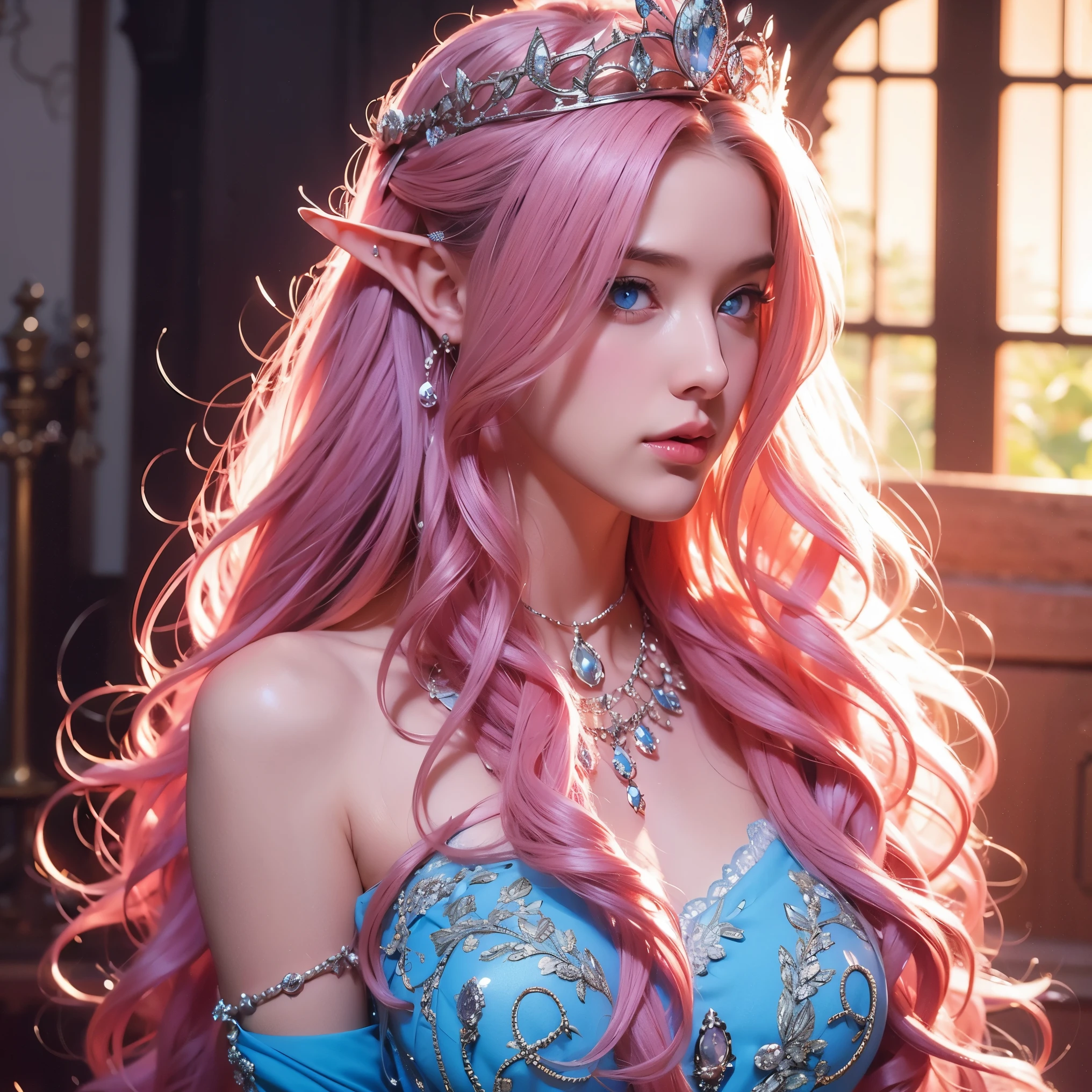 Woman, long curly hair, pink hair, blue eyes, elf, queen, crown, sexy dress, medieval and magical background ,Sensual, delicate, beautiful