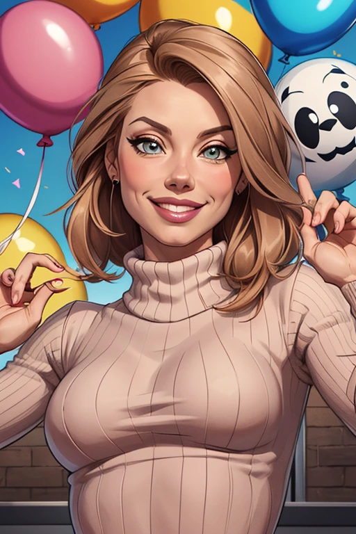 (estilo de desenho animado:1.2),  desenho de ([Jessica Chastain|Kelly Ripa|Mila Kunis]), wearing a loose turtleneck sweater, grande sorriso, olhos perfeitos, rosto detalhado, fundo de festa, pose divertida, olhar sedutor, confete, Globos