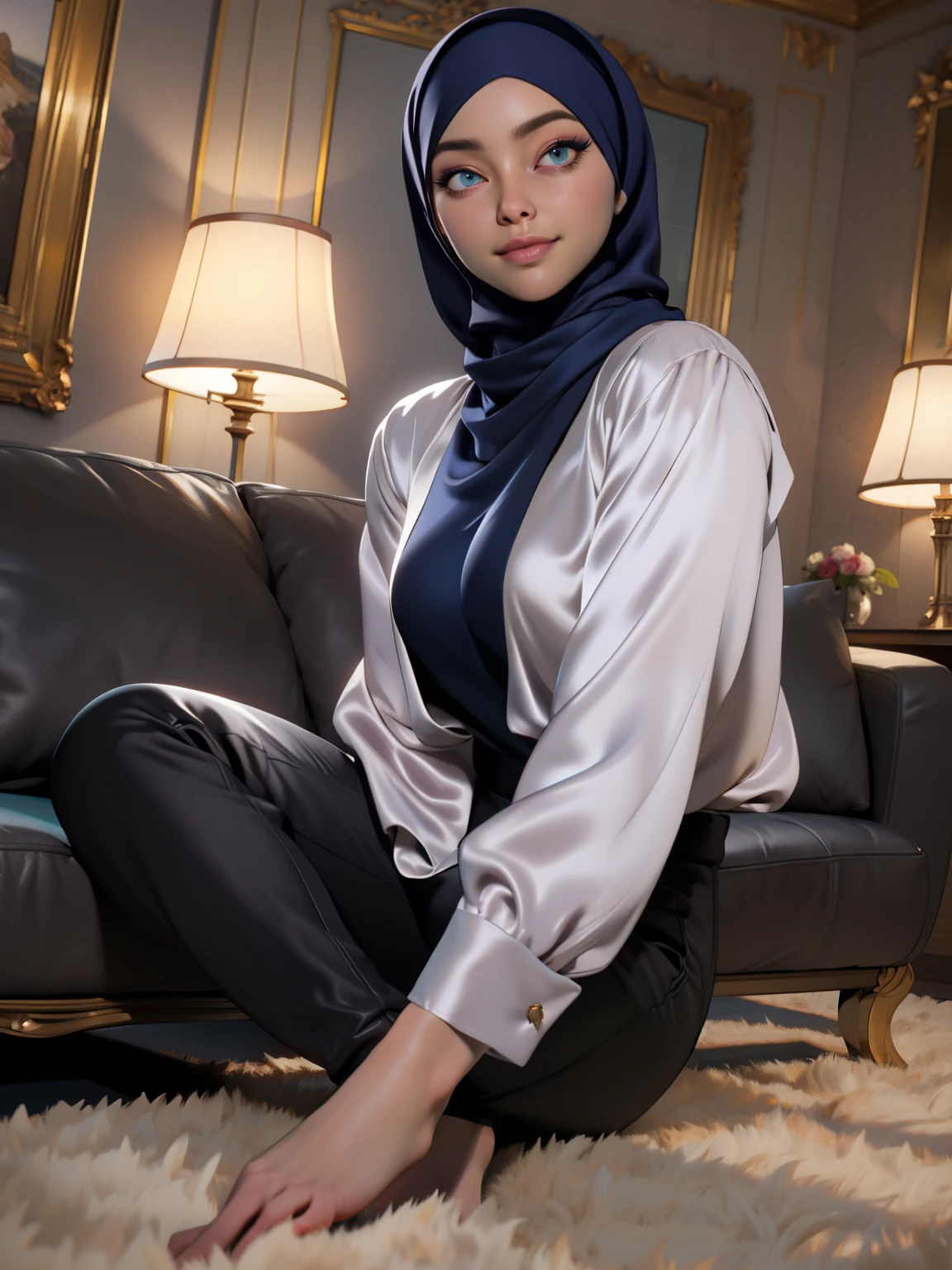 3DMM, ((Masterpiece, best quality, photography, detailed skin, realistic, photo-realistic, 8k, highly detailed, full length frame, High detail RAW color art, diffused soft lighting, shallow depth of field, sharp focus, hyperrealism, cinematic lighting, hijab, a woman, beautifully makeup, eyeshadow, beautiful big eyes, long eye lashes, tempting smile, wearing (Teal satin hijab), loosely tide hijab style, ((gray satin shirt)), satin long pants, laying on sofa, luxury hotel room, full body, front view