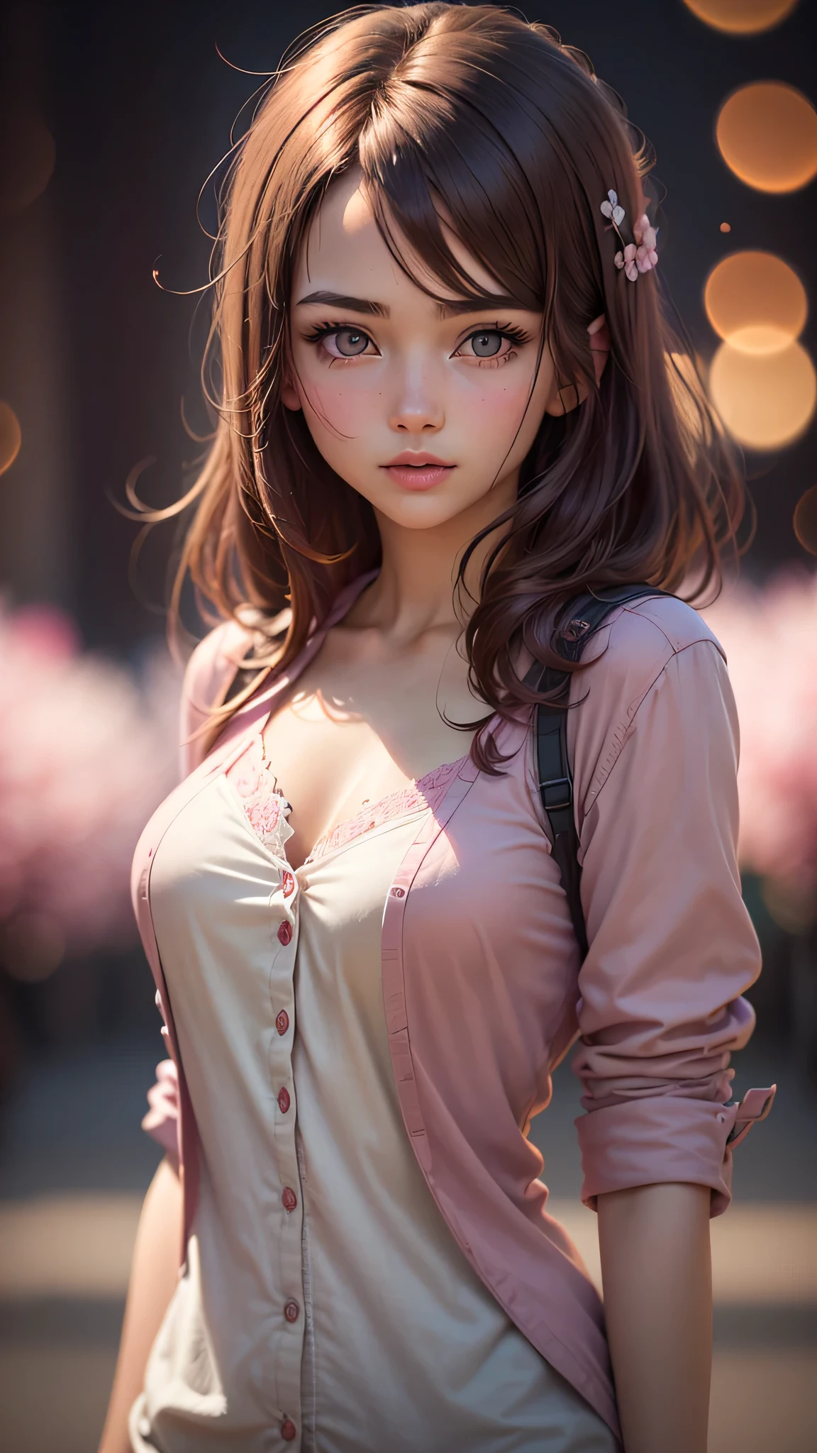 (best quality, masterpiece), 1girl, intricate details, off shoulder, skirt, choker, frills, see-through, looking at viewer, blush, upper body, blurry background, floral print, contrapposto