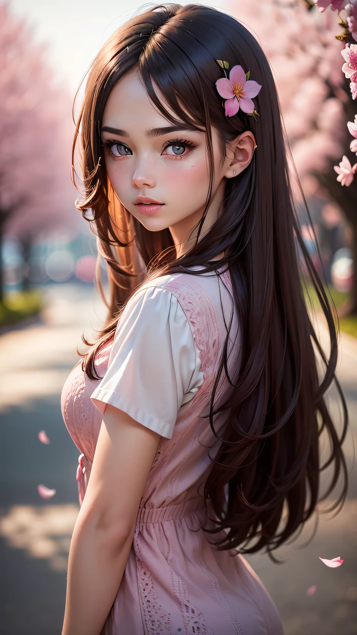 ((1girl)), Brown hair, Amazing face and eyes, Pink eyes, (amazingly beautiful girl), Brown hair, ((Best Quality)), (Ultra-detailed), (extremely detailed CG unified 8k wallpaper), Highly detailed, High-definition raw color photos, Professional Photography, cherry blossom, (((Bokeh))), depth of fields,
