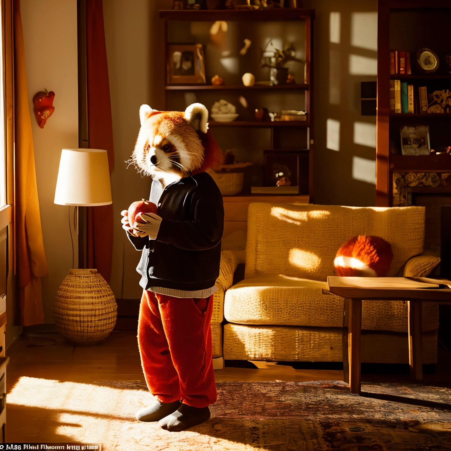 Red panda is eating an apple,Red panda stands like a human,Angle seen from the right side of the red panda,evening light,The location is the living room of the house