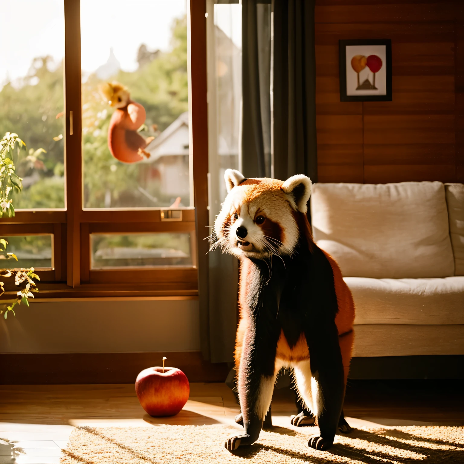 Red panda is eating an apple,Red panda stands like a human,Angle seen from the right side of the red panda,evening light,The location is the living room of the house