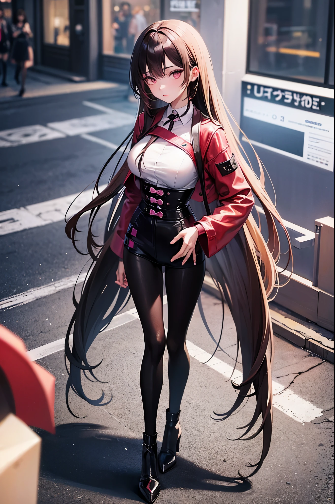 Standing pose, the perfect anime girl with absurd very long brunette hair, pink eyes, with five fingers, beautiful hands pose, with the palm of her hand facing you, as a  fashionist model in New York City, perfect full body.