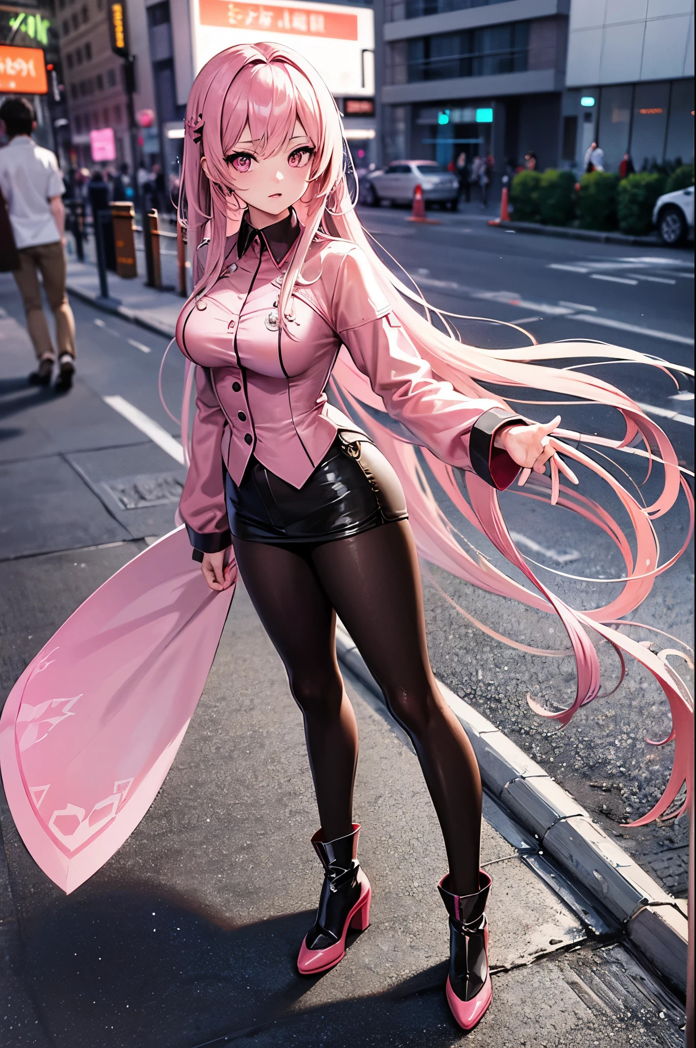 Standing pose, the perfect anime girl with absurd very long brunette hair, pink eyes, with five fingers, beautiful hands pose, with the palm of her hand facing you, as a  fashionist model in New York City, perfect full body.