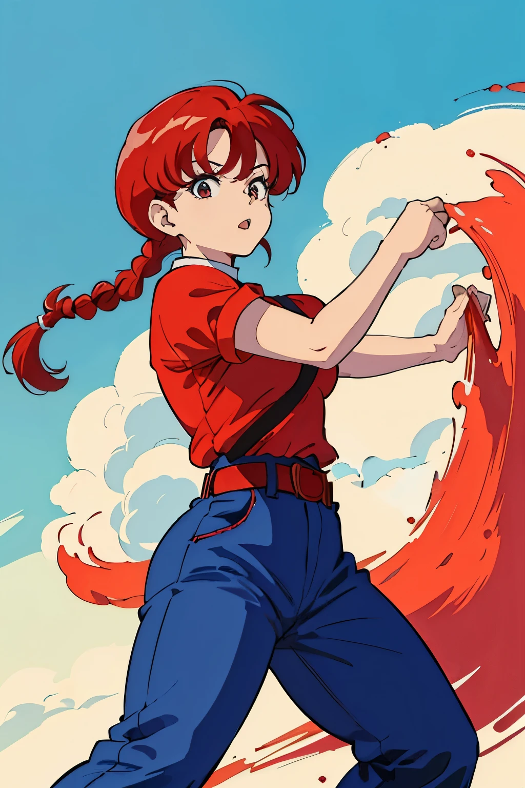 (8k, Foto RAW, La mejor calidad, Obra maestra:1.2), Ranma Chan, Ranma Red Shirt, red hair, braided belt, blue pants, martial art
