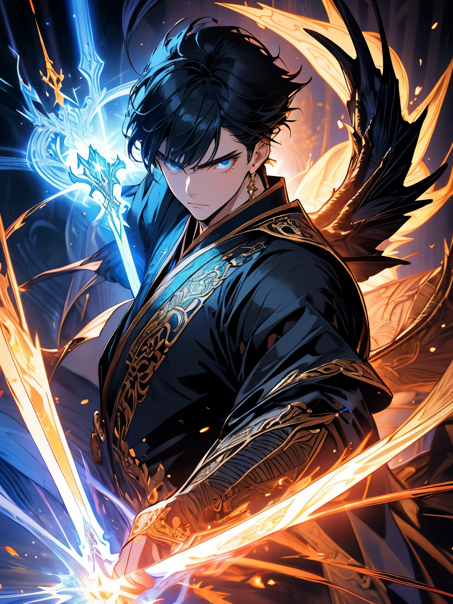 It is an elaborate and intricate fantasy portrait depicting a stout and determined seventeen-year-old man with an aura, a huge bright blue light behind him, bright black hair, dragons and phoenixes flying, golden light, Chinese martial arts style.