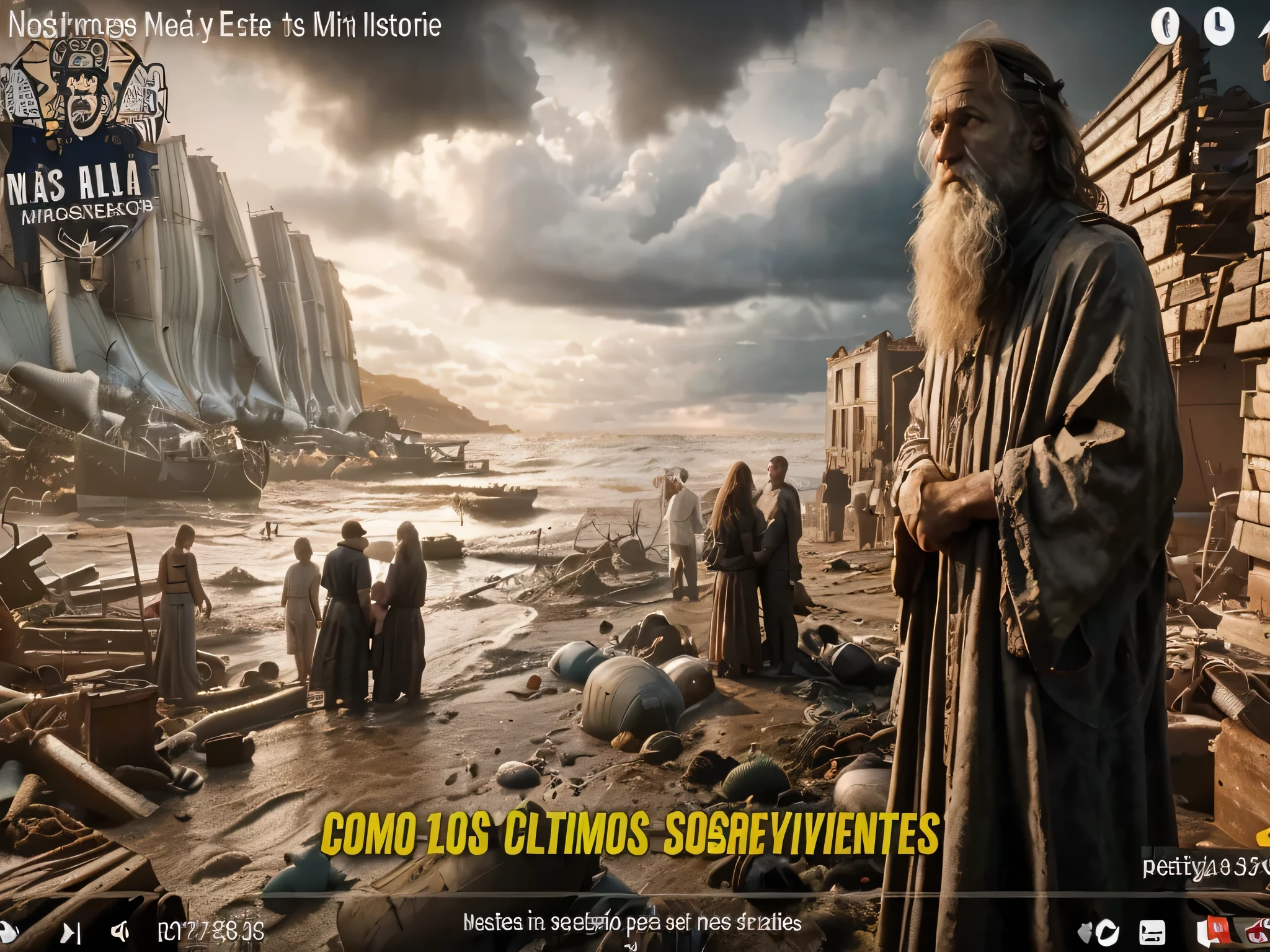 An image of Noah with his family on the beach after a maritime disaster, con basura y restos de casas y barcos, realistic and cinematic style.