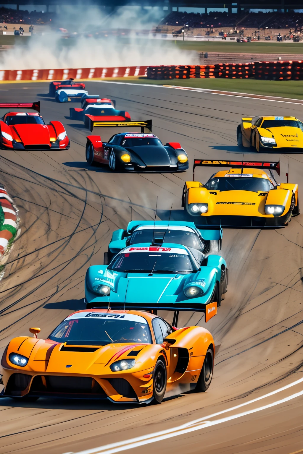 A high-speed car race unfolds on the track, featuring a vintage 80s car leading the pack. Dust trails behind the racing cars, their engines revving at deafening decibels, evoking nostalgia and raw power. The audience, a frenzied sea of people, bears witness to this exhilarating competition. The electric mood in the air is palpable, pulsating with the collective adrenaline of the crowd. The intense, focused lighting accentuates the speed of the cars and the euphoria of the audience. The vibrant scene is a feast for the senses, filled with the roar of engines, the scent of burnt rubber, and the