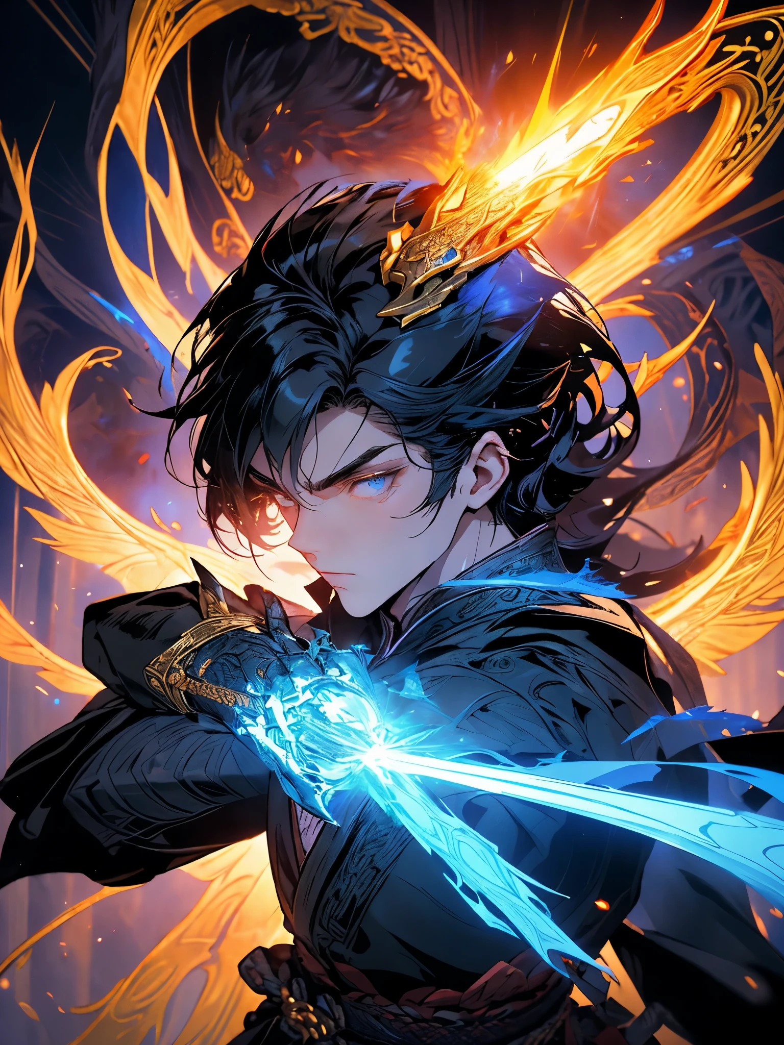 It is an elaborate and intricate fantasy portrait depicting a stout and determined seventeen-year-old man with an aura, a huge bright blue light behind him, bright black hair, dragons and phoenixes flying, golden light, Chinese martial arts style.