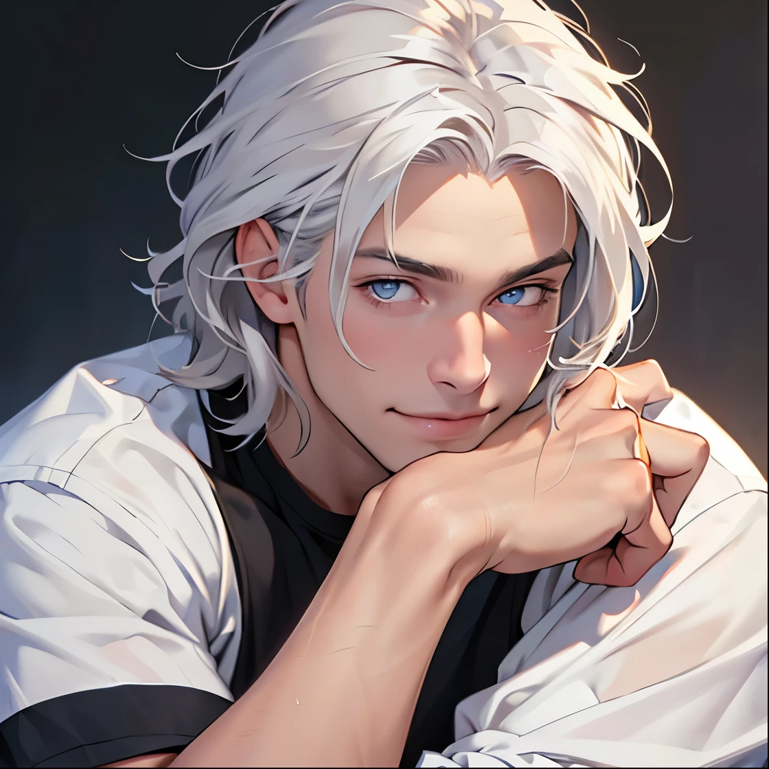 (realistic:1.37,best quality,4k,8k,highres,masterpiece:1.2),ultra-detailed,jovem,masculine Caucasian,deep purple eyes,gentle smile,simple clothing,school atmosphere,medium hair,white hair,slight smile.