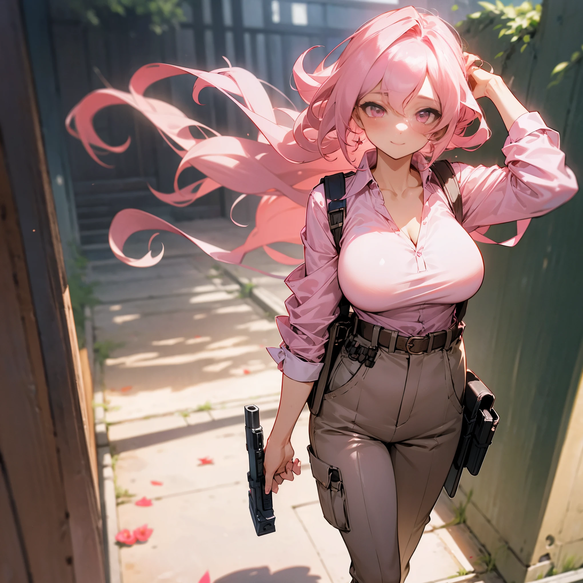1female, adult, big breast, long light rose colored curly hair, finely detailed pink eyes, loose v neck shirt with sleeves rolled up, loose cargo pants, empty underarm gun holster, gun holster under armpit, standing on path, walking down alley, light smile, blushing cheeks, flowers, best lighting and shadows, tokyo, confident 