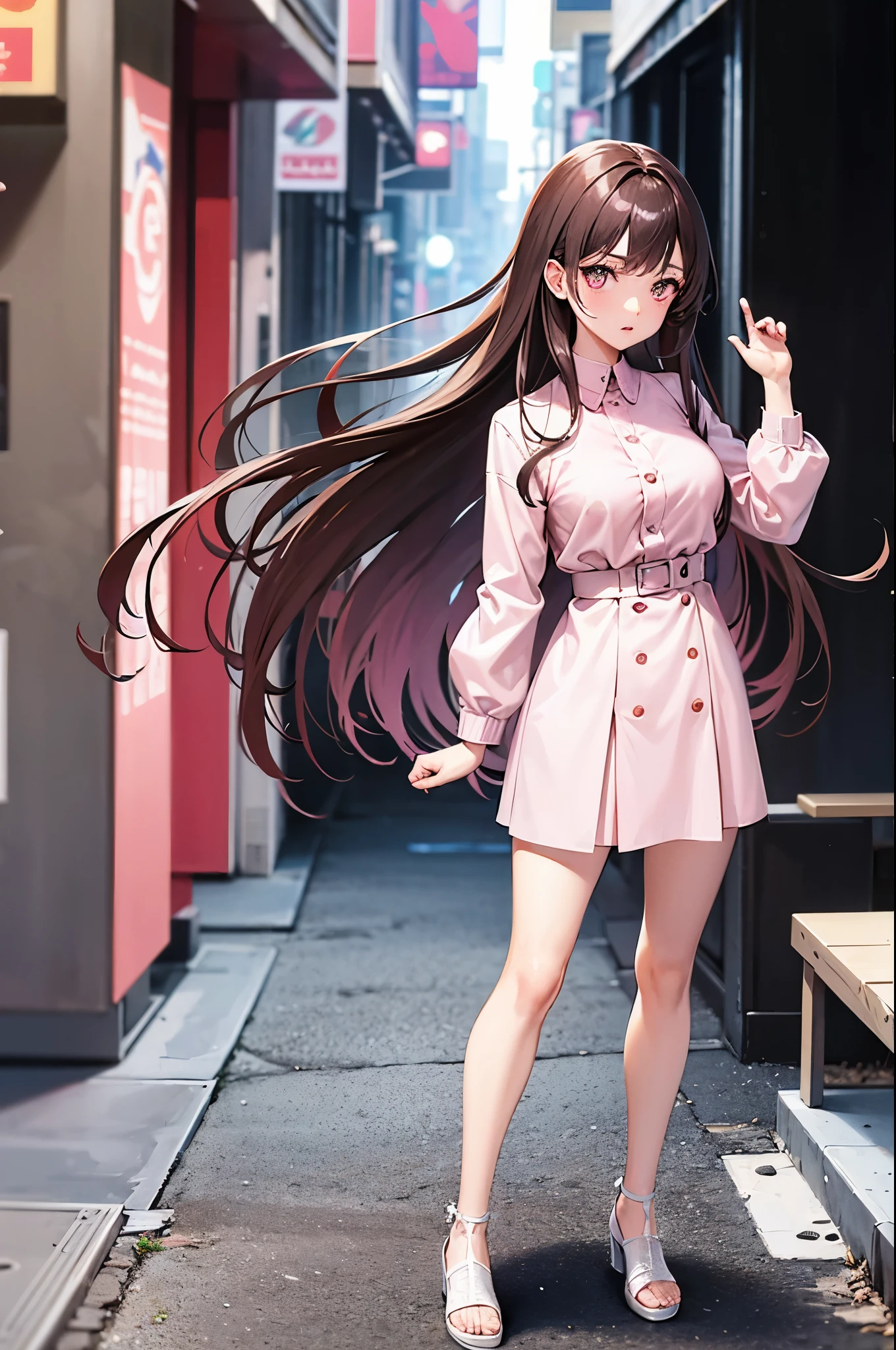 Standing pose, the perfect anime girl with absurd very long brunette hair, pink eyes, with five fingers, beautiful hands pose, with the palm of her hand facing you, as a fashionist model in New York City, perfect full body.