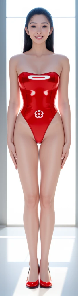 On a white background，A tall and beautiful Chinese girl，with fair skin，Toothy smile，A big smile，When you laugh, Your eyes are crescent-shaped，blunt bangs, long straight hair，Wear a one-piece swimsuit and pumps，Swimsuits are decorated with joyful patterns, Stand up straight，Stand upright，hands on sides，Symmetrical distribution，Ray tracing，All shaded areas，No windows, Soft lighting, Warm light, flood light, no lights on the top, Studio light, 1.4x Realistic Ultra HD