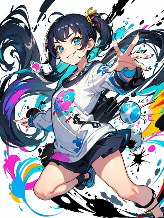 masterpiece,1 girl,,(cartoon style:1.4),(Ink Splatter):1.3,bright smile,well-groomed face,dynamic pose,cute,pop,whole body,colorful hair,Big eyes,(Ink design background:1.3),Colorful clothes based on white,plain white background