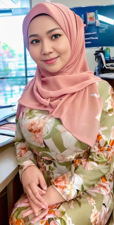 (best quality,highres),Malay woman wearing hijab,floral silk malay gamis abaya,(vibrant colors,pastel tones),tight close beige,(professional,office setting),(detailed face,hijab style,expressive eyes),sitting at her desk,(peaceful environment),organised workspace,desk accessories,sunlight streaming in through the window,(engaged in work,focused expression)