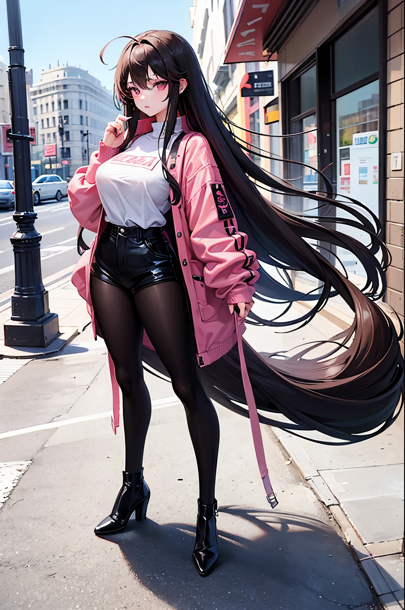 Standing pose, the perfect anime girl with absurd very long brunette hair, pink eyes, with five fingers, beautiful hands pose, with the palm of her hand facing you, as a fashionist model in New York City, perfect full body.