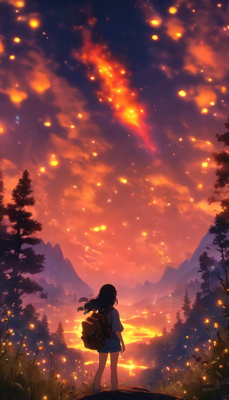 Expansive landscape photograph, (view from below with a view of the sky and wilderness below), (long-sleeved top, denim shorts, carrying a backpack), (dynamic pose:1.3, black eyes, black hime-cut long hair, sparkling girl)[:0.8] standing in a flower field looking up, (full moon: 1.2), (shooting star: 0.9), (nebula: 1.3), distant mountain, tree break production art, (warm light source: 1.2), (firefly: 1.2), lamp, purple and orange, intricate detail, volume lighting, realism break (masterpiece: 1.2) (Best Quality), 4K, Ultra-Detailed, (Dynamic Configuration: 1.4), Highly Detailed and Colorful Details, (Iridescent Colors: 1.2), (Glowing Lighting, Atmospheric Lighting), Dreamy, Magical, (Solo: 1.2)