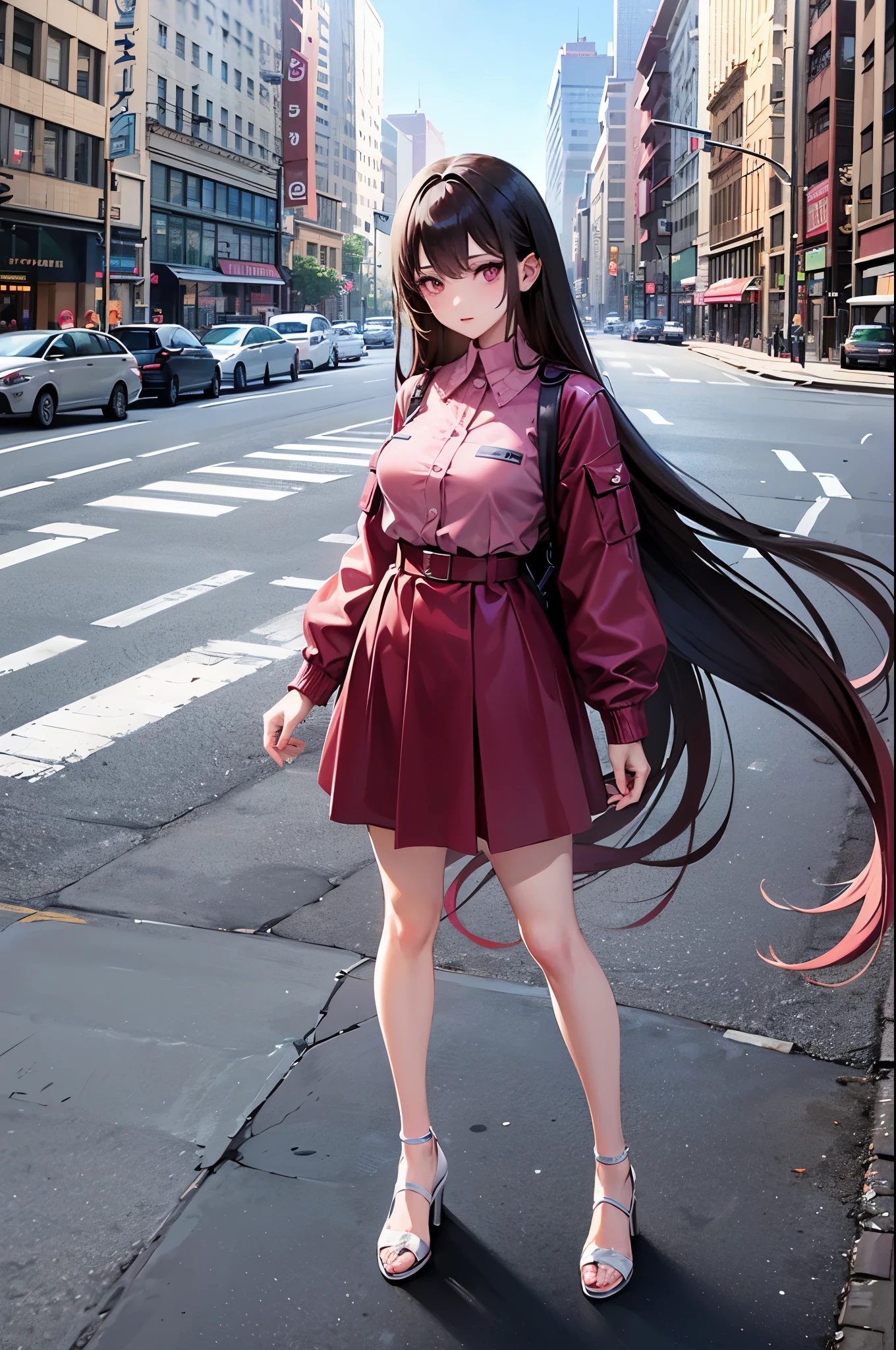 Standing pose, the perfect anime girl with absurd very long brunette hair, pink eyes, with five fingers, beautiful hands pose, with the palm of her hand facing you, as a fashionist model in New York City, perfect full body.