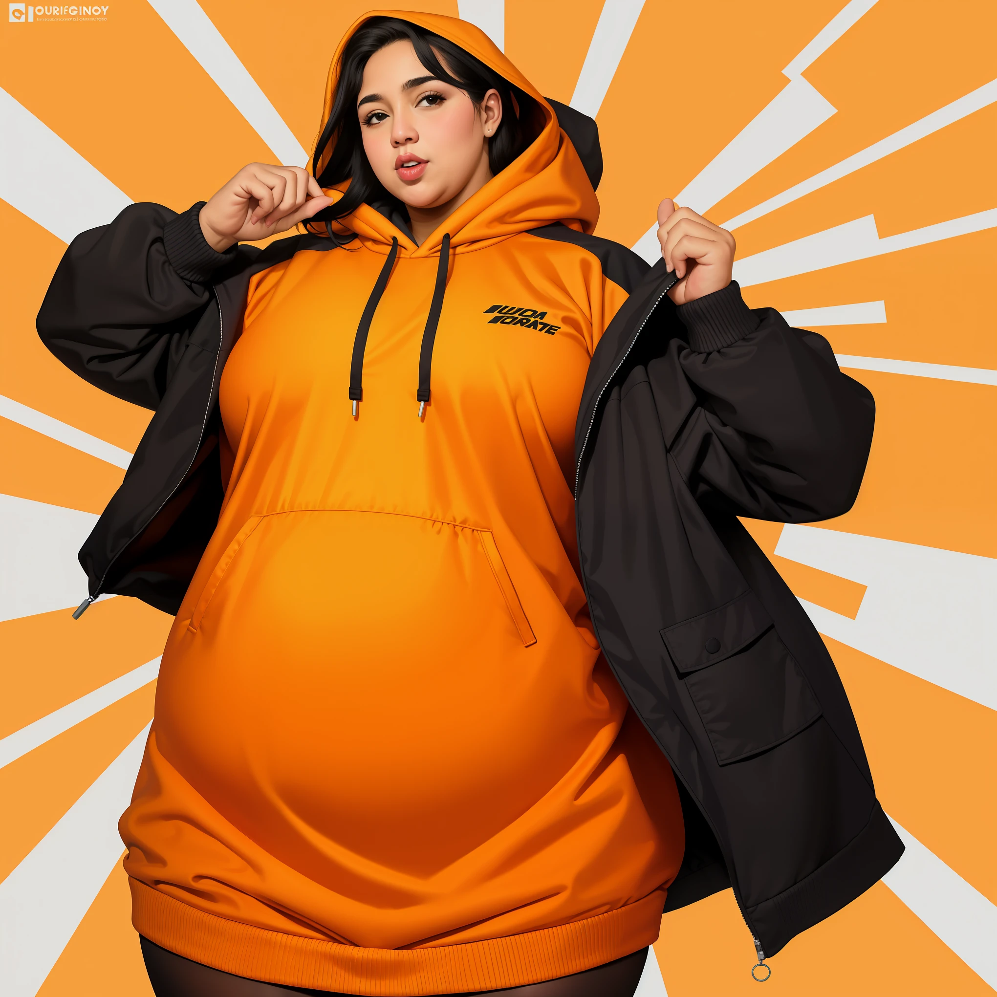  cartoon of a fat woman in an orange hoodie and black tights, moletom com capuz grande, grosso, gordo, gym clothes, fanart de garota urbana, valkyrie style character, laranja e preto, design de personagem altamente detalhado, conceito de personagem irrealista, colored sketch de alta qualidade , design de personagem de corpo inteiro, colored sketch, retrato de corpo inteiro de um curta !, cartoon style illustration, design de roupa, conceito de personagem de corpo inteiro, design detalhado de personagem. Big stomach. barriga larga. gordinho. gordo
