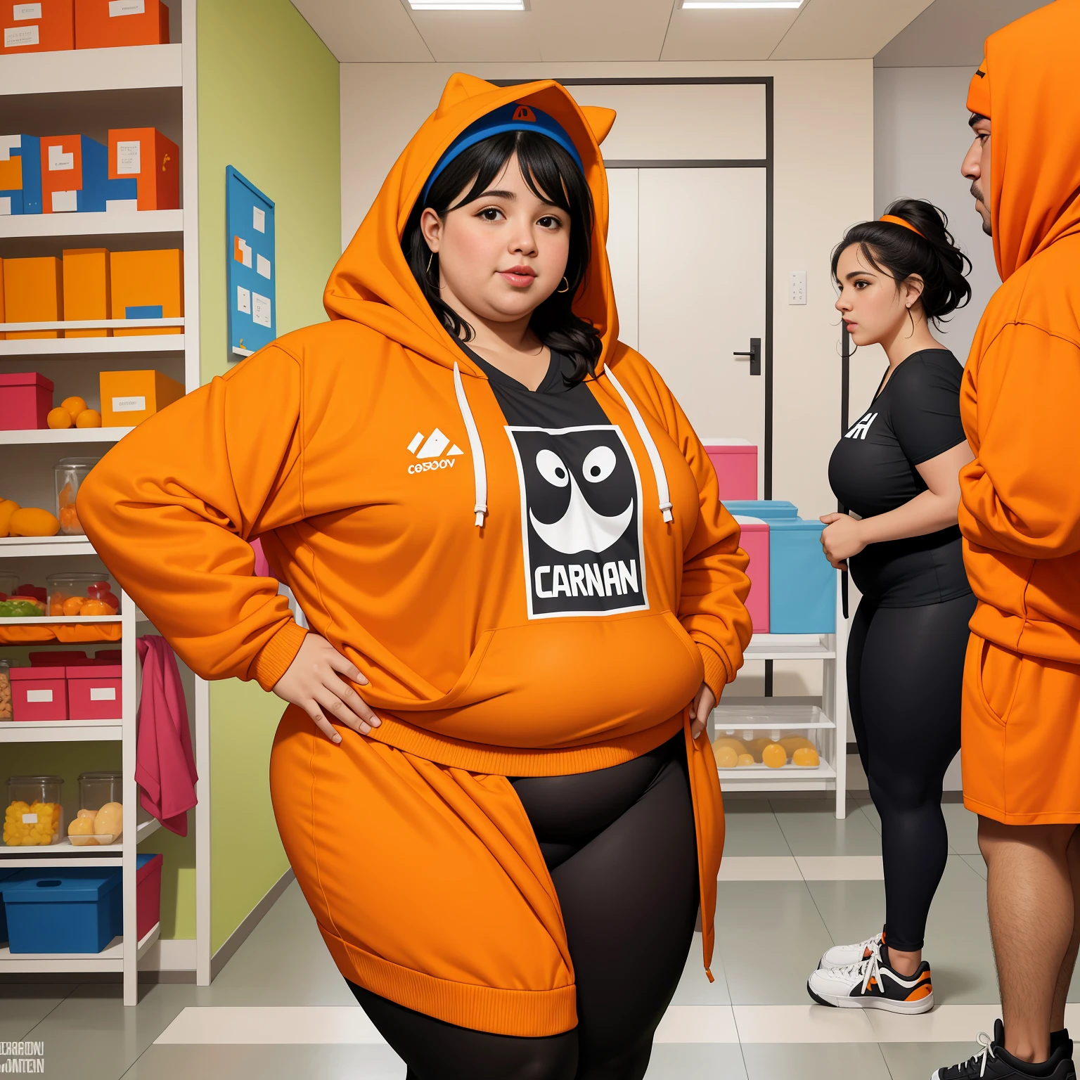 cartoon of a fat woman in an orange hoodie and black tights, moletom com capuz grande, grosso, gordo, gym clothes, fanart de garota urbana, valkyrie style character, laranja e preto, design de personagem altamente detalhado, conceito de personagem irrealista, colored sketch de alta qualidade , design de personagem de corpo inteiro, colored sketch, retrato de corpo inteiro de um curta !, cartoon style illustration, design de roupa, conceito de personagem de corpo inteiro, design detalhado de personagem. Big stomach. barriga larga. gordinho. gordo