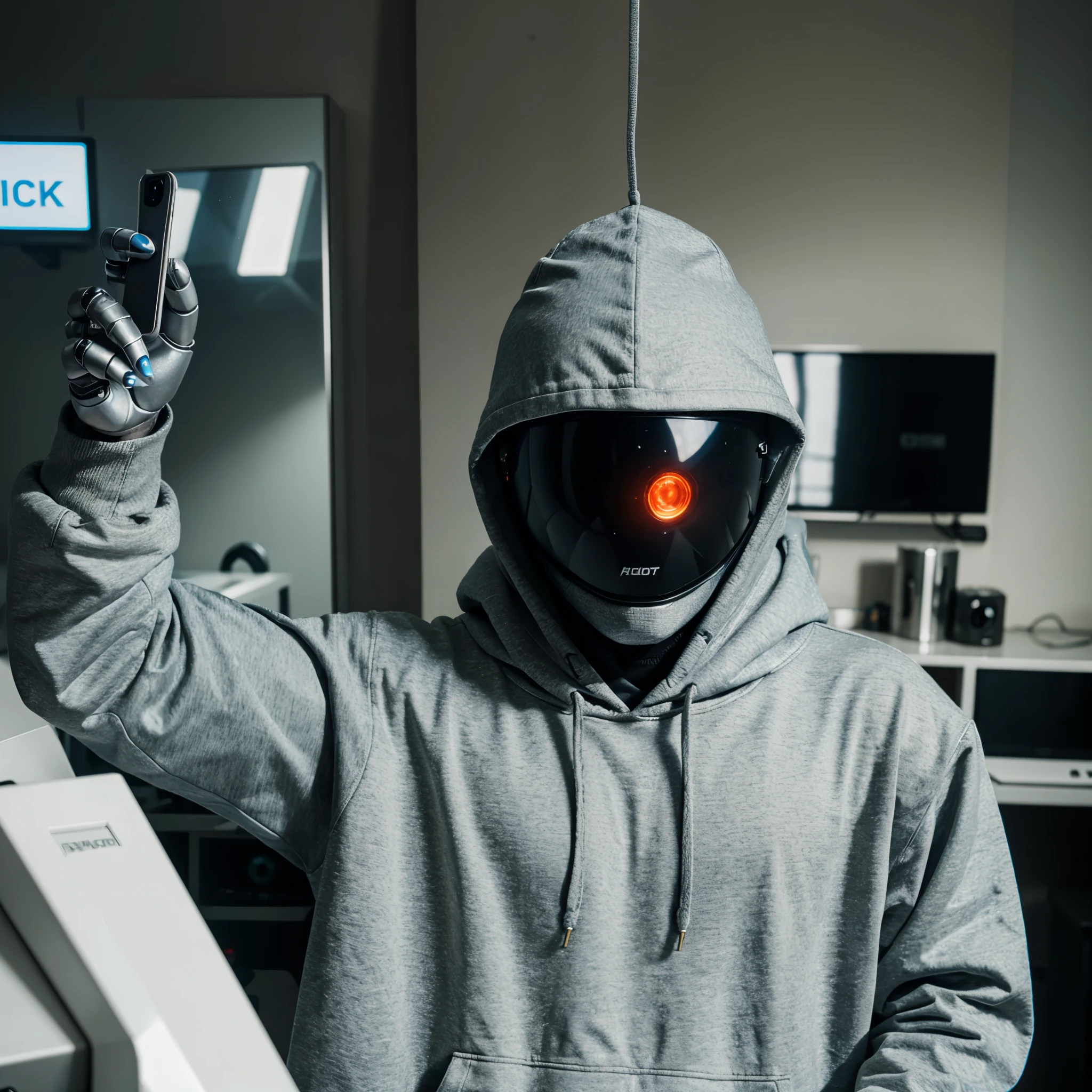 A ROBOT WITH A HOODIE ON HIS HEAD TAKING SELFIE