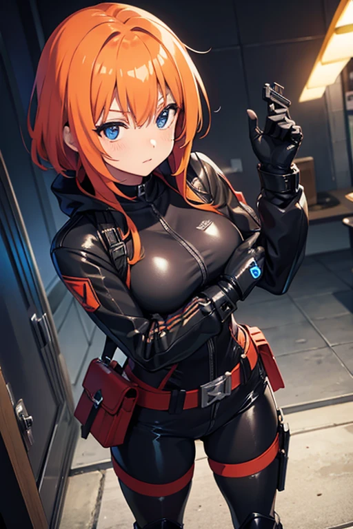 A beautiful orange-haired woman dressed in a tight-fitting black latex and armored suit., having a steel belt with compartments, a pair of black boots and is armed with 2 guns .