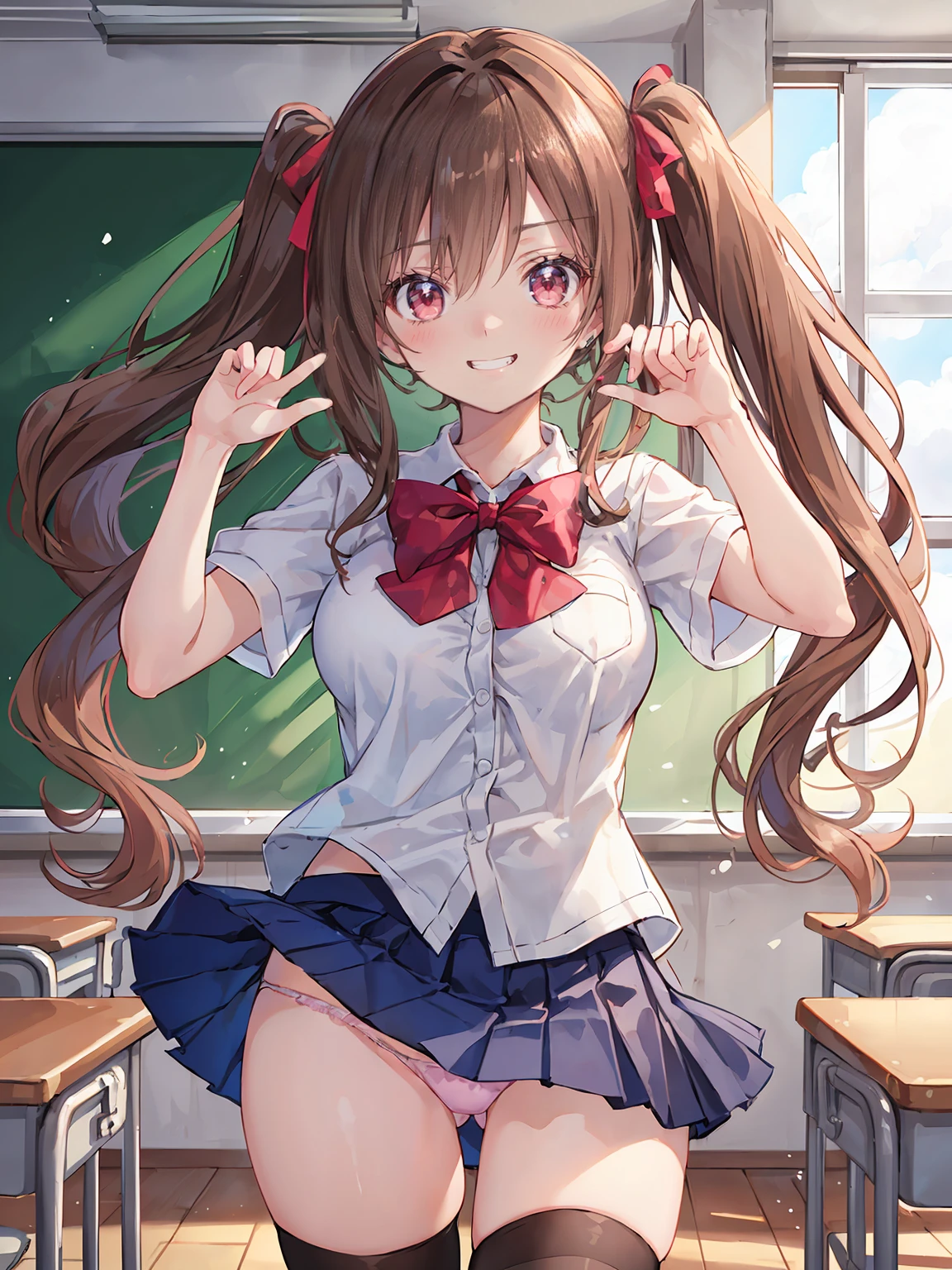 ((8K masterpiece,highest quality)), ultra high resolution, hyper detail, (1 girl), beautiful face, beautiful and delicate eyes,((red eyes)),Big eyes,shining eyes of light,Thin and long eyelashes,detailed light,((brown hair)),((long hair)), ((twin tails)),big breasts,school uniform,hair clip,hair ribbon,blitz short skirt,white knee high socks,light pink panties, Panty Pose, panty shot, (grinning smile),troubled face,(please open your mouth wide),(classroom),stand in the center of the screen,blue sky with clouds, Nice views, rainbow in the sky, particles of light, daytime, sunbeam,gust of wind,sense of speed, cowboy shot