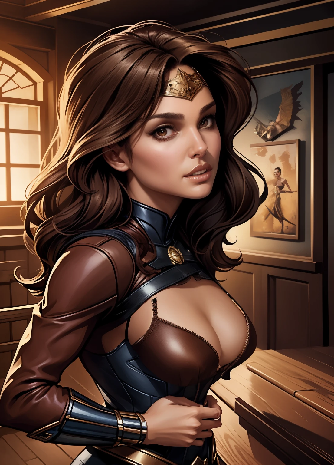 Brown leather bra with stripes double D size ,a woman in a leather outfit standing in a room, artgerm comic, artgerm and warren louw, artgerm detailed, artgerm style, graphic artist artgerm, extremely detailed artgerm, artgerm greg rutkowski _ greg, artgerm julie bell beeple, artgerm and wlop, artgerm art