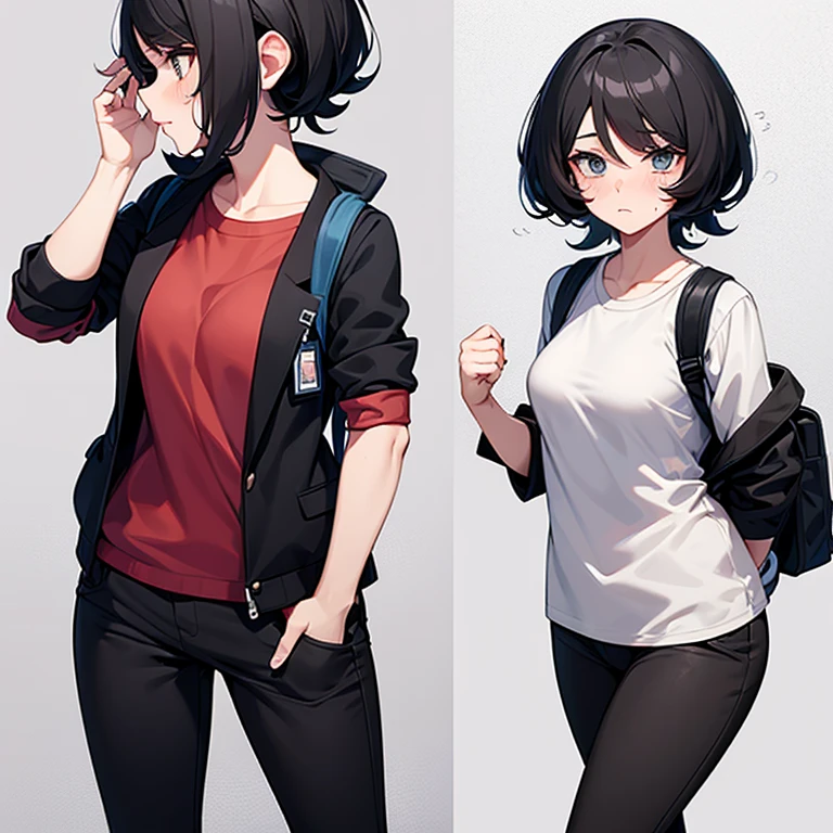 Female Pokémon trainer, embarrassed look on her face, messy short black hair, black pants, shirt, jacket, casual shoes, backpack, ID card, age 28, flustered, mature woman