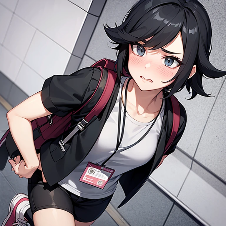 Female Pokémon trainer, embarrassed look on her face, messy short black hair, black pants, shirt, jacket, casual shoes, backpack, ID card, age 28, flustered, mature woman