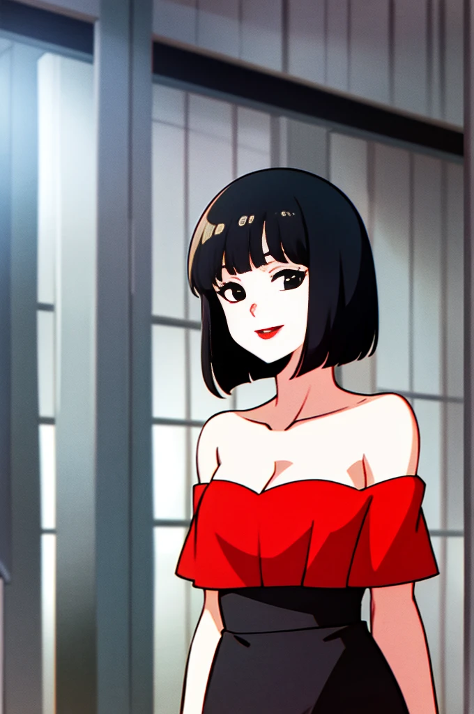 A Female with short black hair, bob cut, black eyes, Red lips, strapless, orange flamenco dress, shortsleeved orange ruffle off the shoulder top, black maxi skirt, detailed dress, bare shoulders, standing in a indoor room in style of digital illustration, anime, 1 girl, solo, upper body, smile, looking at viewer