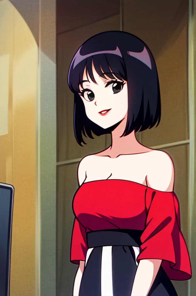 A Female with short black hair, bob cut, black eyes, Red lips, strapless, orange flamenco dress, shortsleeved orange ruffle off the shoulder top, black maxi skirt, detailed dress, bare shoulders, standing in a indoor room in style of digital illustration, anime, 1 girl, solo, upper body, smile, looking at viewer
