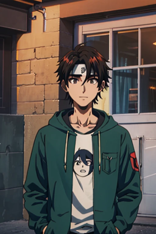 Generate a high-quality 2D anime character image featuring a fusion of Madara and Kakashi from Naruto with Cid from Eminence in the Shadows. The character, with dark skin and short-cut black hair, wears an intricately detailed hoodie and removes a headband. The hoodie showcases a dark theme with hints of blue, red, purple, green, and turquoise. The character sports a nice smile, adopts a casual pose with one hand in the pocket, set against a dark background for a visually stunning composition.