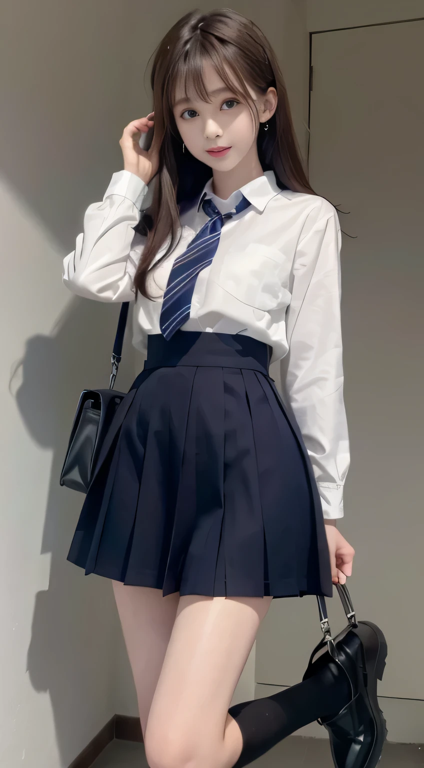 15-year-old female, (medium breasts), (Japan Schoolgirls), smile, (laughter:1.2), (light brown hair:1.3), (bright hair), dull bangs, hair behind the ear, shoulder hair, (black eye), (Big eyes:1.2), (long hair), ( slender body shape), (Extra-fine face), delicate lips, (beautiful eyes), light blush, brown eyes, (shiny skin, perfect skin :1.3), (white shirt:1.3, Flared skirt in navy blue)