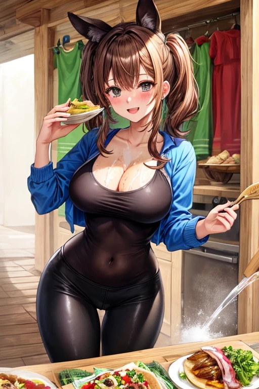 Chica jovencita, cuerpo delgado (caderas grandes), cintura chica, pechos muy grandes,Tight translucent T-shirt with plunging neckline, sonrojar, Brown hair (peinado con dos colitas) con flequillo, leggins apretado, con tacos, cola salpicada con mucha leche, mostrando el trasero, cara salpicada con mucha leche