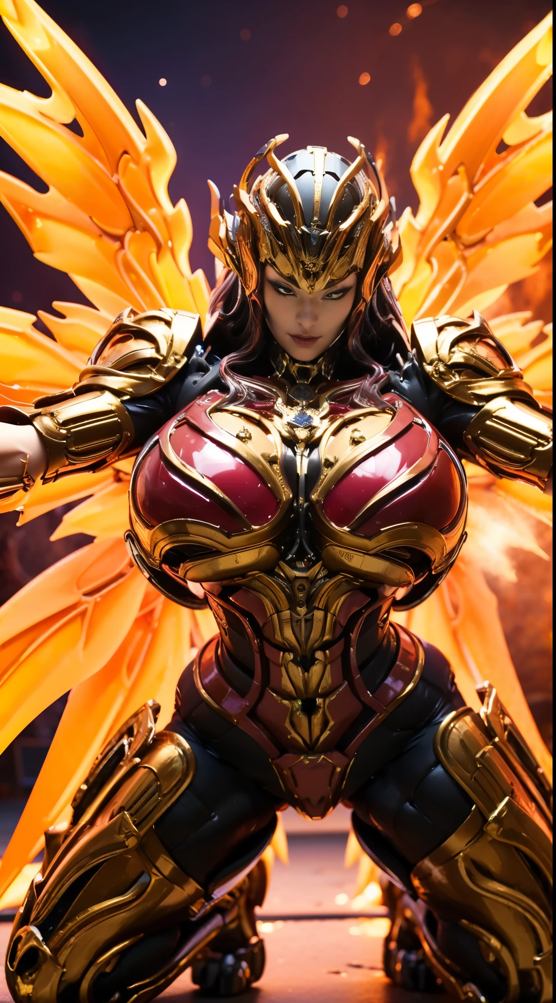 (dragon queen), Enorme falso , (Rosto bonito), (ouro, Vermelho), (((A PAIR OF HUGE MECHANICAL WINGS SPREAD OUT))), TERNO FUTURISTA PHOENIX MECHA, (decote), (PERTINENT YOGA PANTS), (salto alto), (corpo perfeito:1.2), (full body view), (olhando para o espectador), (andando:1), corpo musculoso sexy, ABS MUSCULAR, Ultra HD, 8k, 1080P.