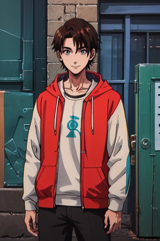 Generate a high-quality 2D anime character image featuring a fusion of Madara and Kakashi from Naruto with Cid from Eminence in the Shadows. The character, with dark skin and short-cut black hair, wears an intricately detailed hoodie and removes a headband. The hoodie showcases a dark theme with hints of blue, red, purple, green, and turquoise. The character sports a nice smile, adopts a casual pose with one hand in the pocket, set against a dark background for a visually stunning composition.