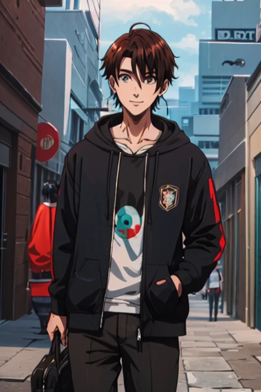 Generate a high-quality 2D anime character image featuring a fusion of Madara and Kakashi from Naruto with Cid from Eminence in the Shadows. The character, with dark skin and short-cut black hair, wears an intricately detailed hoodie and removes a headband. The hoodie showcases a dark theme with hints of blue, red, purple, green, and turquoise. The character sports a nice smile, adopts a casual pose with one hand in the pocket, set against a dark background for a visually stunning composition.