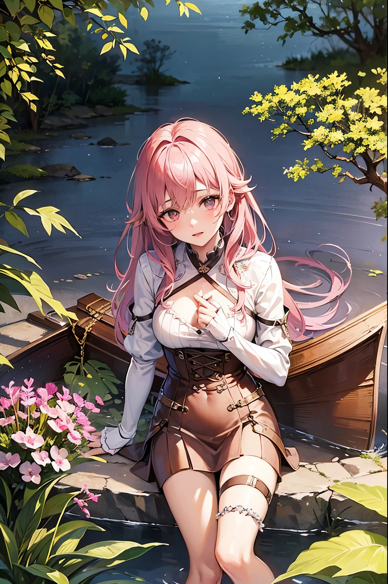 1girl, (nature art by Arthur Wardle:0.8) , masterpiece Cinematic still, concept art, top-down view of a [Odious:Intense:14] Cyborg [Hungarian|Burlesque] ([Boat|sweet peas]:1.3) , it is covered in Leaves, it is made by Levi's, plain Lavender and Pink background, crowded roots and Ring system in background, at Dawn, tilt shift, Ultra Detailed, Tranquil, Art Nouveau, loop lighting, Low shutter, Albumen, Magenta flakes, taiji, highly detailed, Best quality