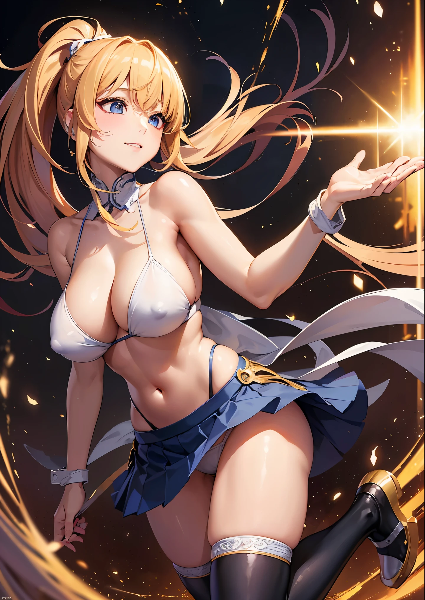 (best quality,4k,8k,highres,masterpiece:1.2),ultra-detailed,(realistic,photorealistic,photo-realistic:1.37),colorful,anime style,high saturation,vibrant colors,sharp focus,detailed face and eyes,detailed background,perfect lighting,girl,high school student,standing alone,visible from head to toe,pleated skirt,white shirt,holding a talisman. (masterpiece, highest quality, highest quality, official art, beautiful and aesthetic:1.2), (1 girl), very detailed目, (fractal art:1.3), colorful, most detailed, (perfect face), shiny skin, HDR, milky way, (light streaks), striking visuals, (dynamic streaks, Path of Light:1.2), bright colors,((巨大なtits、tits、cleavage、Erect nipples are clearly visible、erotic face、Open your legs to emphasize your pants、thighs)) 、highest quality,In 4K,8K,High resolution,debris flies:1.2,Super detailed,reality:1.37, ticker,ticker,studio lighting,Ultra-fine painting,titsのシャープなフォーカス,Physically based rendering,extreme details,Professional specifications,Vividness and color、view from below,Have sex from before,masterpiece,Showing off her perfect and erotic white thong panties in Fulco)),((lewd panties))、美しいthighs、Low - Angle:1.4、highest quality, very detailed,Beautiful smile、big breasts、adultery、camel toe